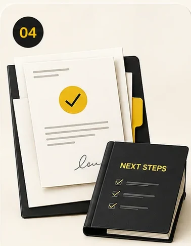 Approved documents and next steps notebook representing lodgement and follow-up actions