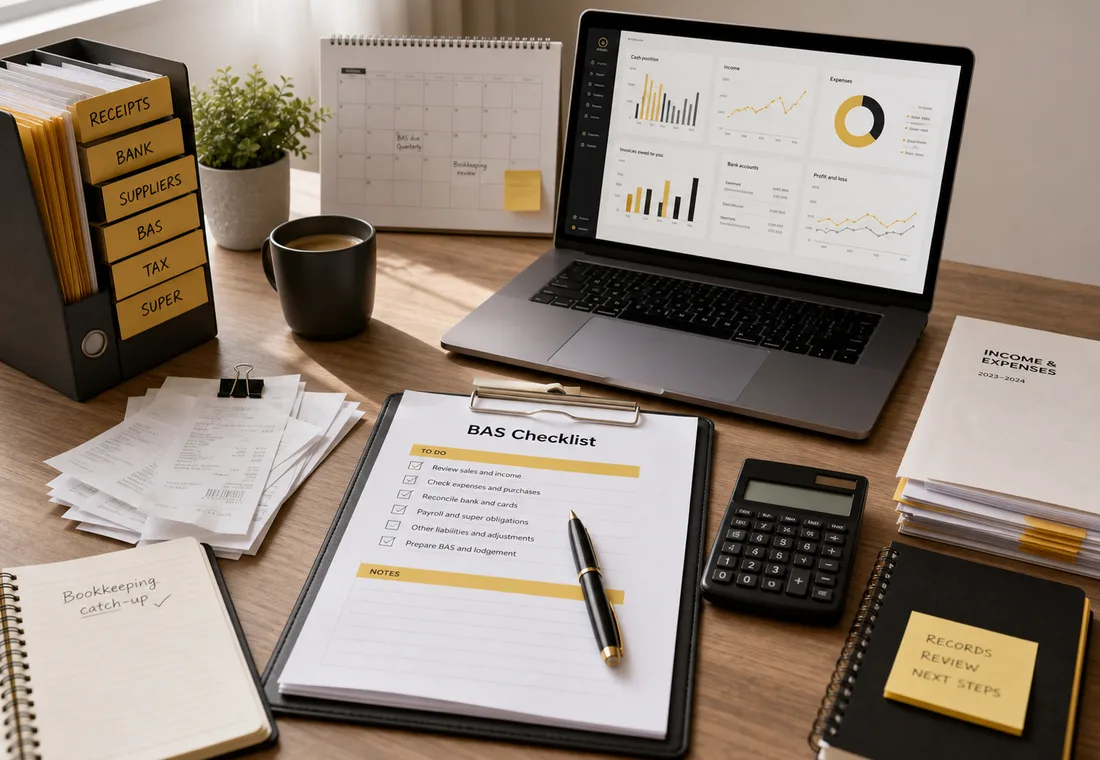 Small business records, BAS checklist and bookkeeping tools on a desk