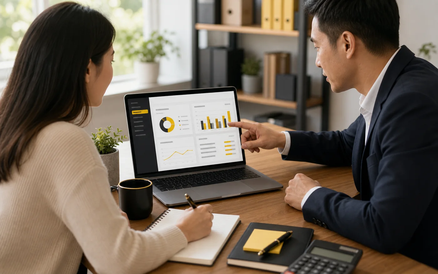 Advisor helping a business owner review accounting software records