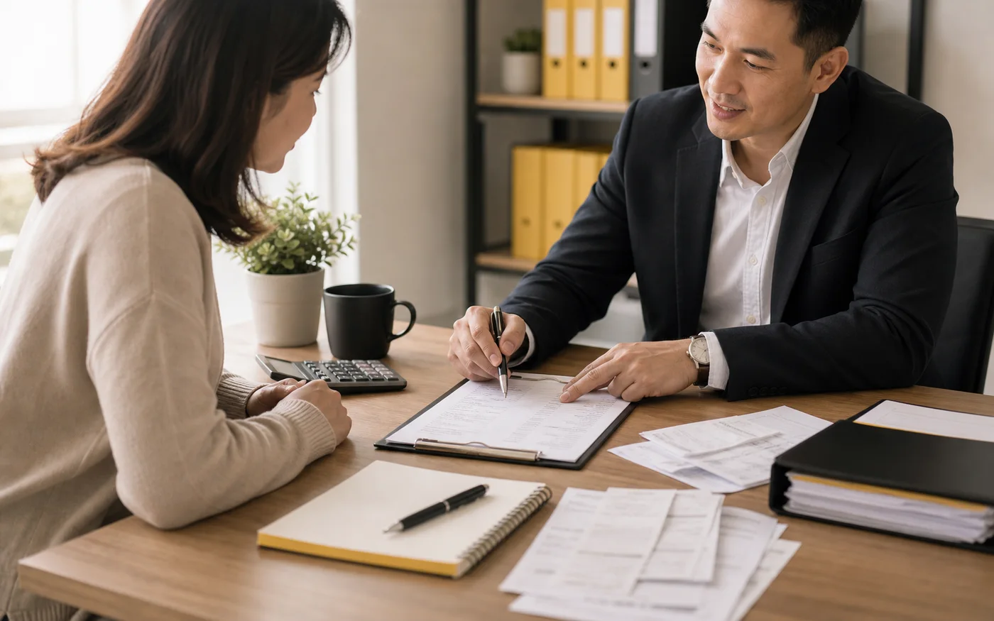 Advisor and client reviewing individual tax return records together