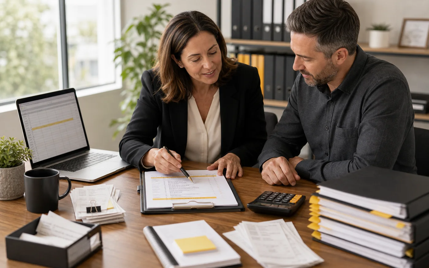 Small business owner and advisor reviewing Business Activity Statement records