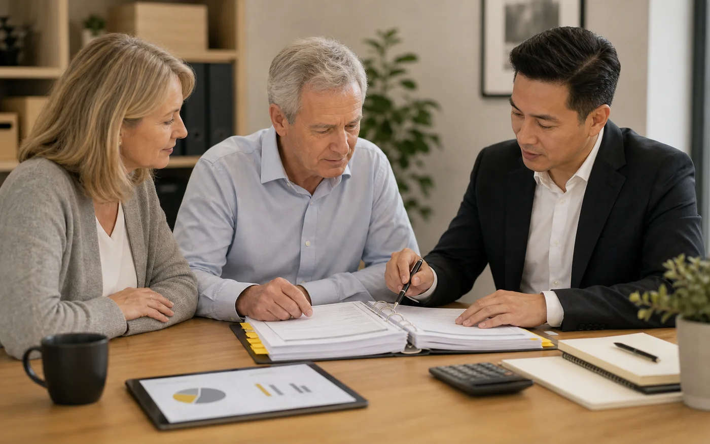 SMSF trustees reviewing compliance documents with an advisor
