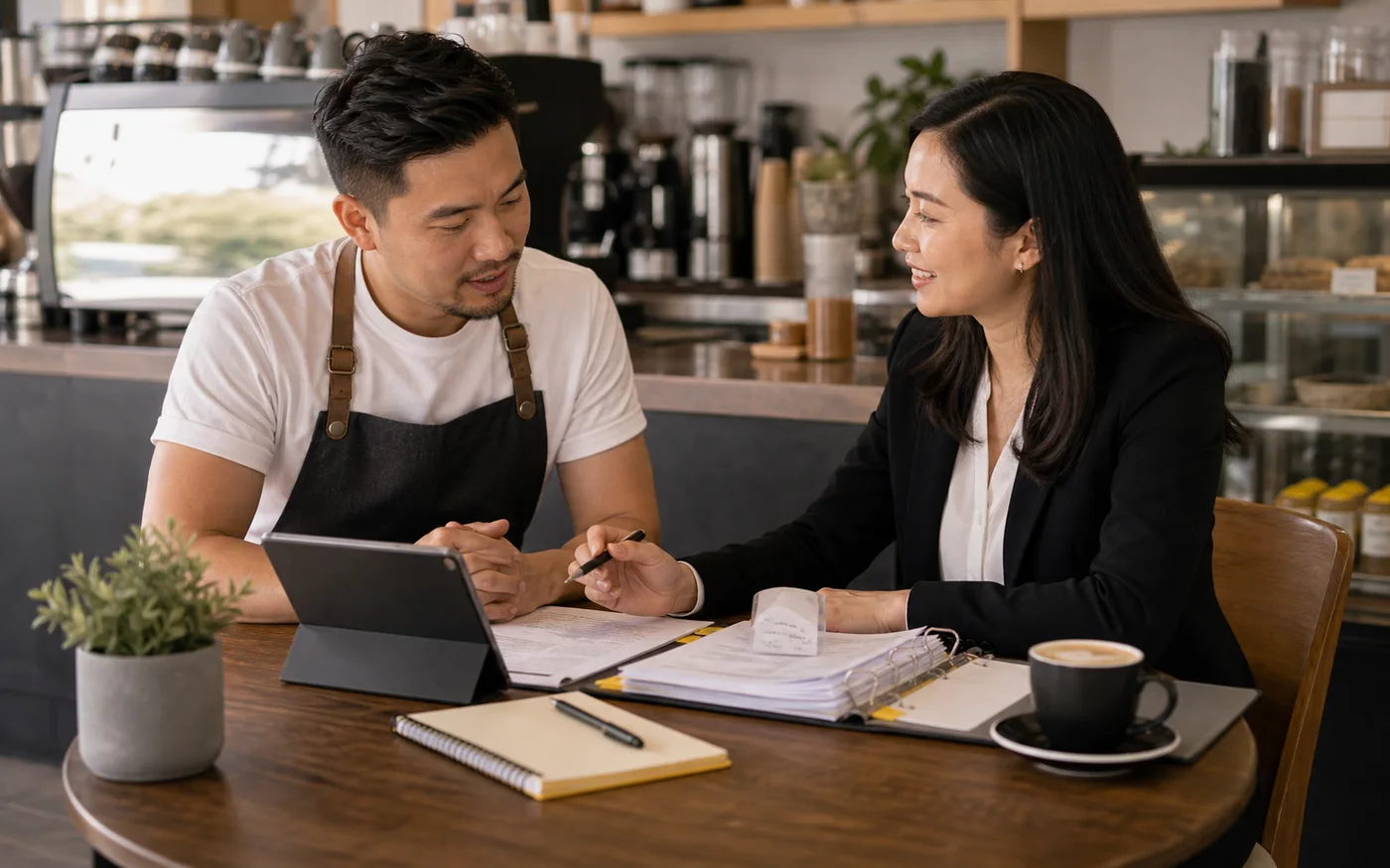 Cafe owner reviewing sole trader income and expense records with an advisor